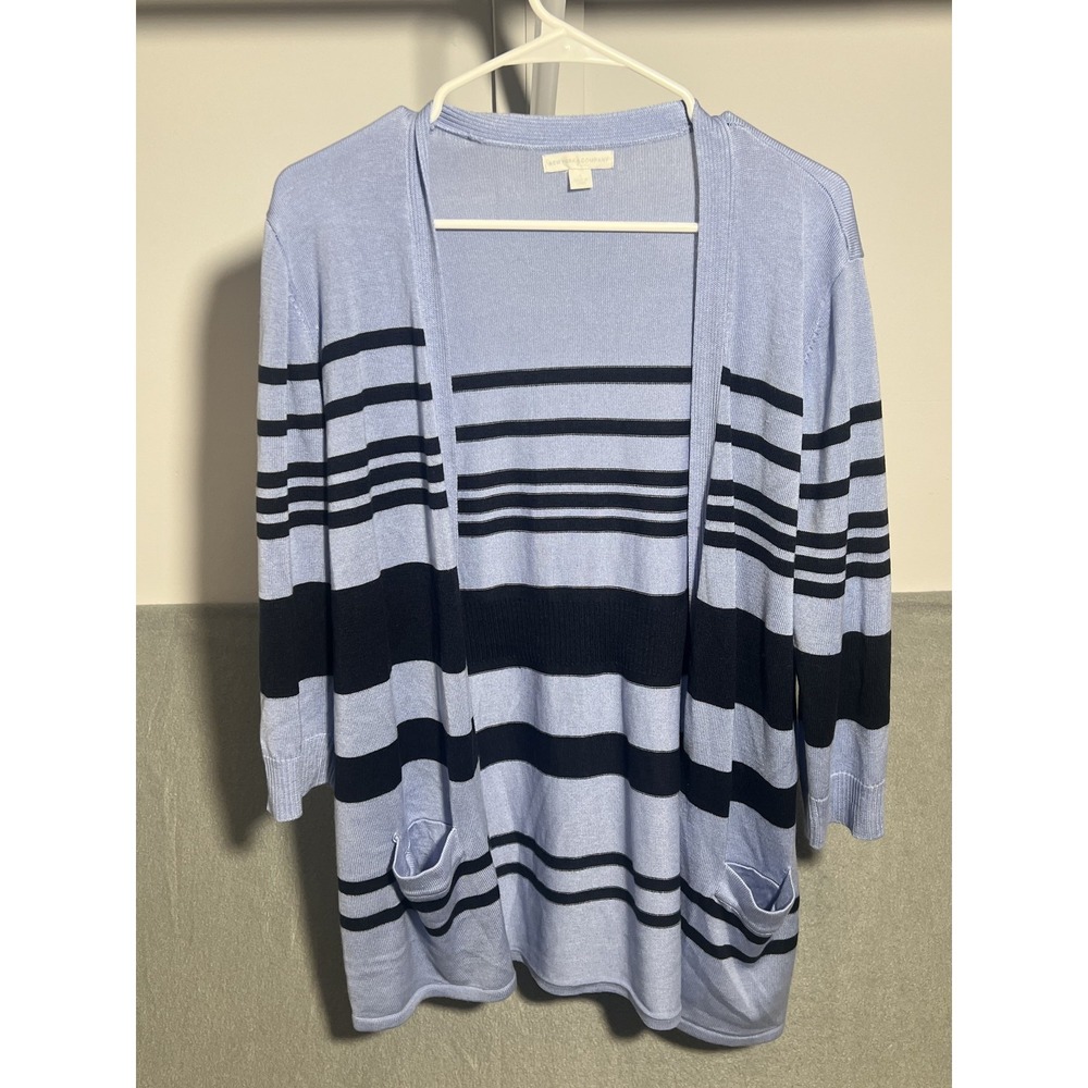 New York & Company Women's Striped Open‎ Front Cardigan Sweater Blue Navy Size L